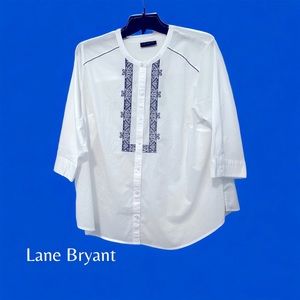Lane Bryant White Blouse with Navy Embroidered Trim on Front, Size 18